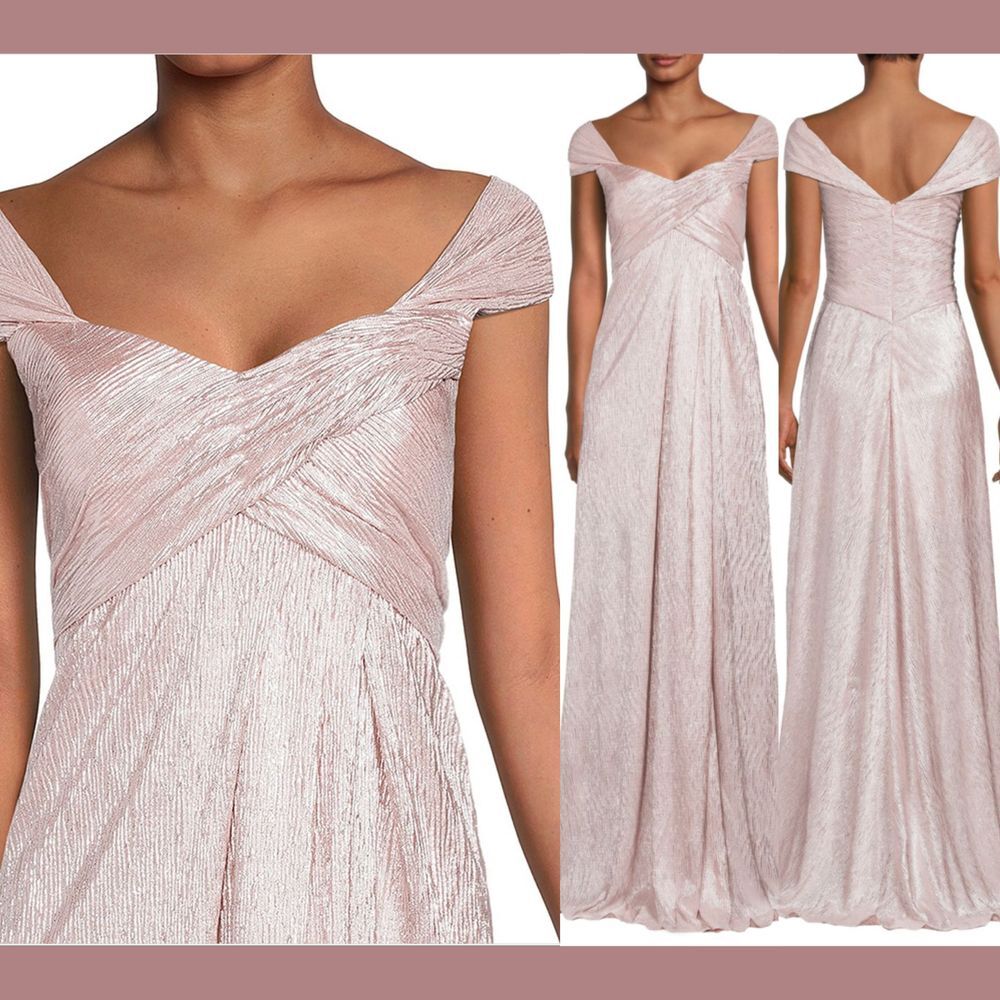NEW $1395 RENE RUIZ COLLECTION [ 10 ] Metallic Off‎ The Shoulder Gown Blush Pink